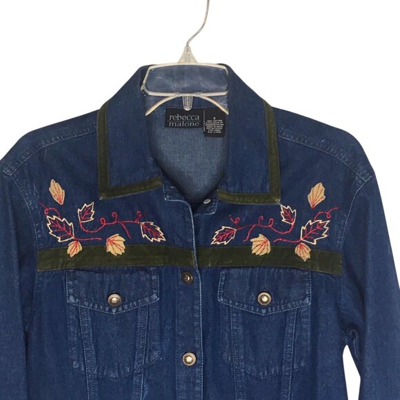 Rebecca Malone Denim Jacket Womens Small Blue Embroidered Leaves Velvet Trim - Picture 3 of 14